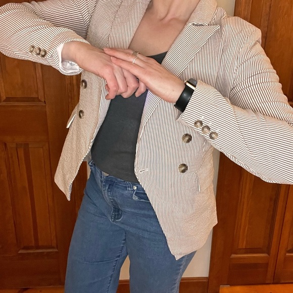 Maison d’ Amelie Paris Seersucker M Blazer Beige Jacket Nautical Preppy Academia - Picture 3 of 9